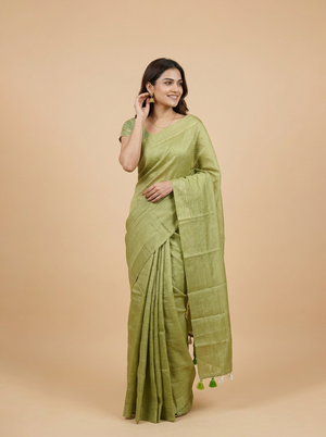 Semi Silk Pistachio Green Self Stripe Saree