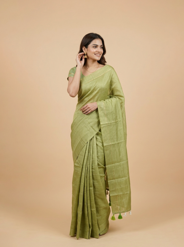 Semi Silk Pistachio Green Self Stripe Saree