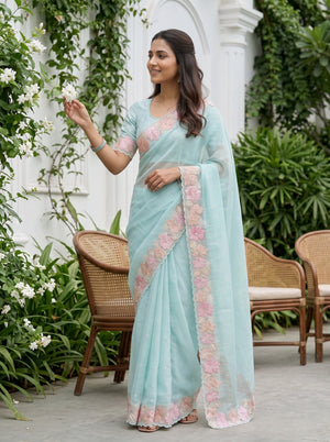 Organza Sea Blue Saree with 3D Floral Embellished Border
