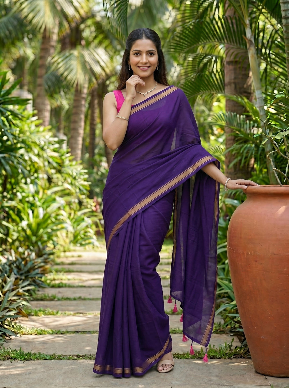 Woman in a purple saree standing outdoors with greenery in the background