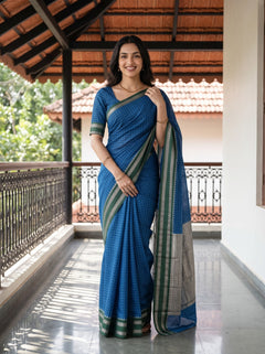 Cotton Silk Blue Checkered Silver Zari Border Saree