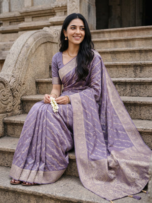 Banarasi Mauve Purple Golden Zari Kalka Paisley Jaal Pallu Saree with Diagonal Floral Vine Butta