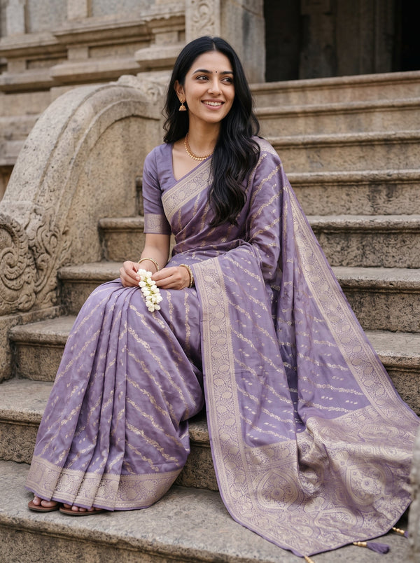 Banarasi Mauve Purple Golden Zari Kalka Paisley Jaal Pallu Saree with Diagonal Floral Vine Butta