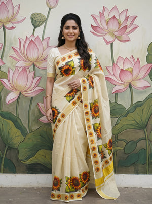 Tissue Cream Sunflower Motif  Onam Special Kerala Saree with Golden Border