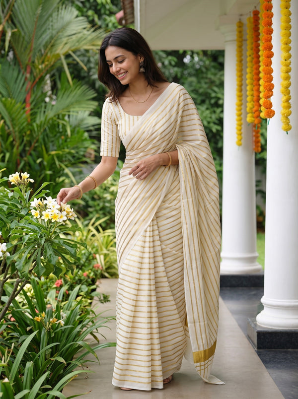 Cotton White Golden Vertical Stripe Weave Traditional Onam Festive Kerala Saree
