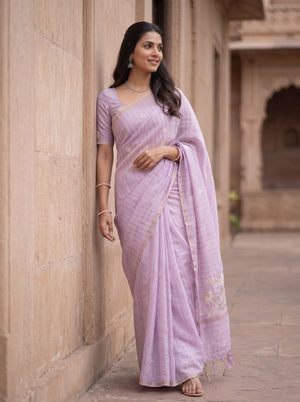 Pure Chanderi Lavender Saree with Embroidered Rose Floral Pallu