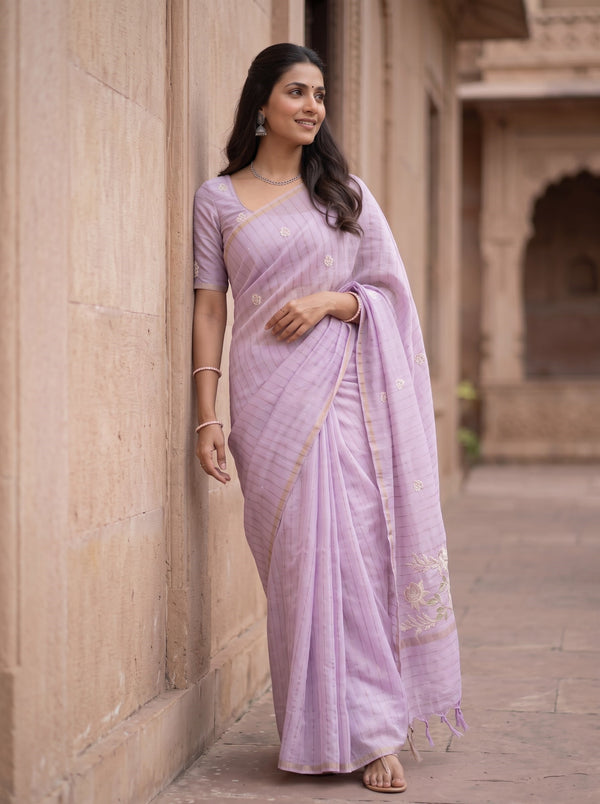 Pure Chanderi Lavender Saree with Embroidered Rose Floral Pallu