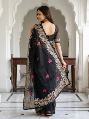Organza Black Red Rose Embroidered Saree