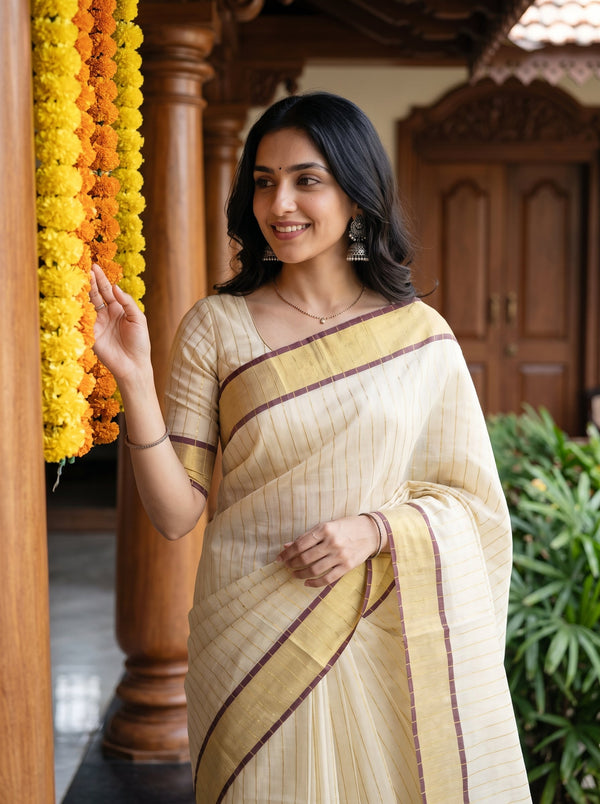 A woman wearing a cream-colored saree with thin brown stripes and a matching blouse, standing in a traditional courtyard next to a yellow marigold garland.