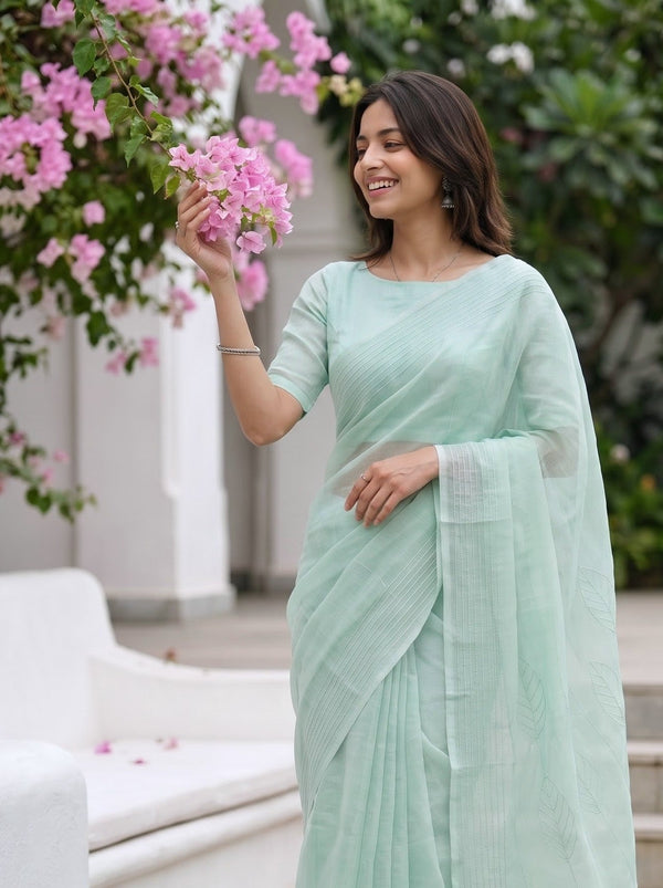Kota Doria Mint Green Self-Tone Leaf Motif Saree