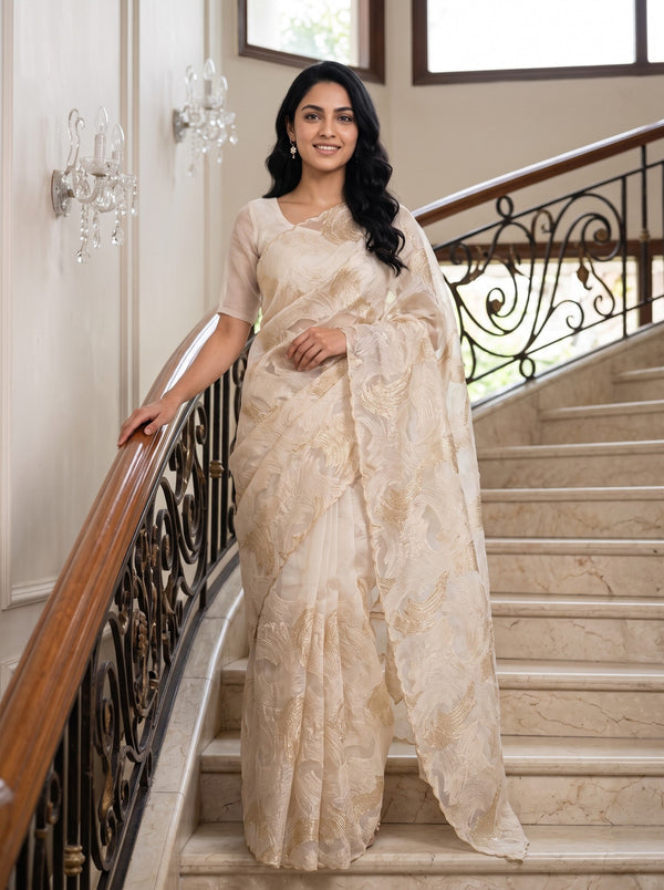 Turkish Organza Cream Golden Wave Brushstroke Embroidery All-Over Saree