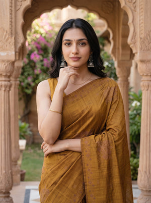 Semi Tussar Mustard Floral Embroidered Diamond Cutwork Butta Saree with Tassel Pallu