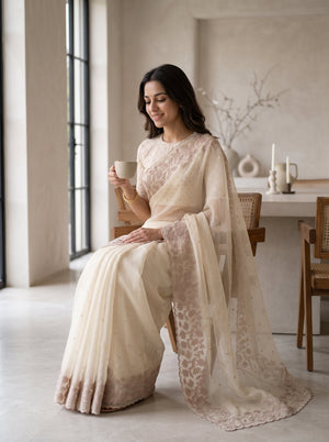 Organza Cream Saree with Mauve Floral Border Embroidery