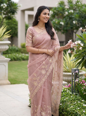 Organza Blush Pink Golden Floral Vine Scalloped Border Saree