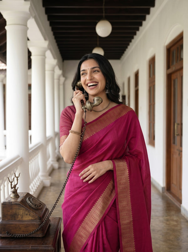 Cotton Silk Magenta Golden Zari Temple Border Saree