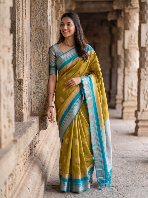 Semi Silk Mustard Zari Paisley Grey Pallu Saree
