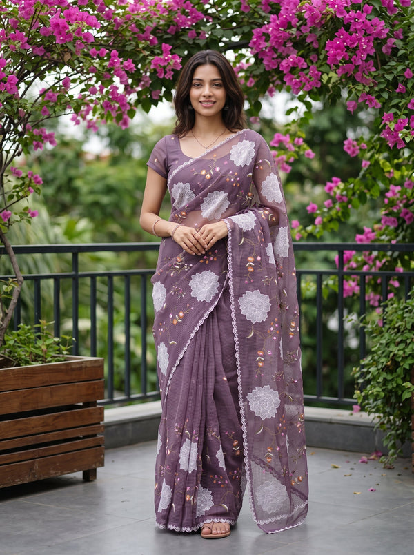 Net Kota Purple White Floral Embroidery Saree