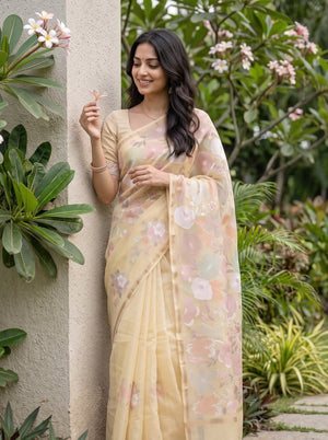 Mul Chanderi Lemon Yellow Pastel Floral Embroidery Pinstripe Pallu