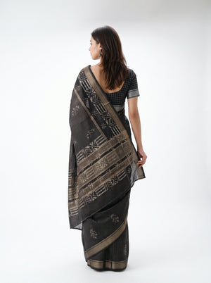 Cotton Silk Black Checkered Booti Saree with Zari Ikat Border