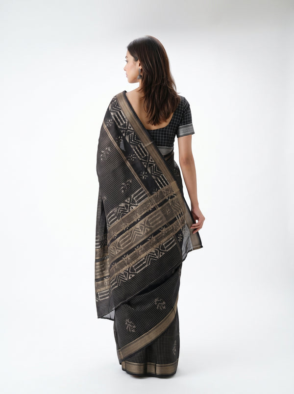 Cotton Silk Black Checkered Booti Saree with Zari Ikat Border