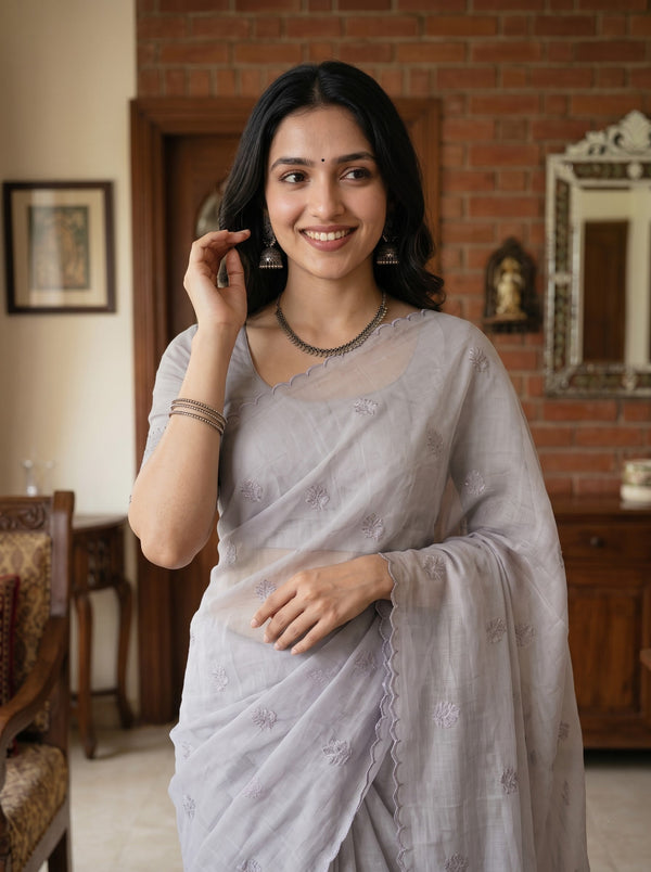 Kota Doria Lavender Self-Tone Floral Vine Border Saree