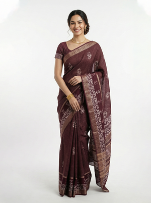Cotton Silk Wine Maroon Checkered Floral Saree with Golden Vine Border