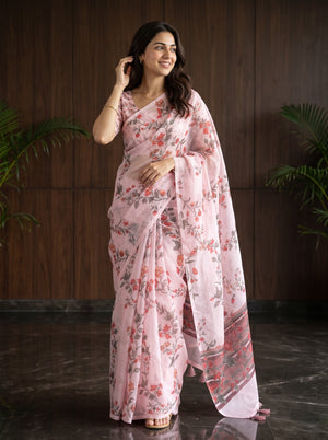 Organza Baby Pink Red Floral Print Striped Pallu Zari Embroidered Tassels Saree