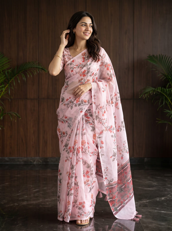 Organza Baby Pink Red Floral Print Striped Pallu Zari Embroidered Tassels Saree