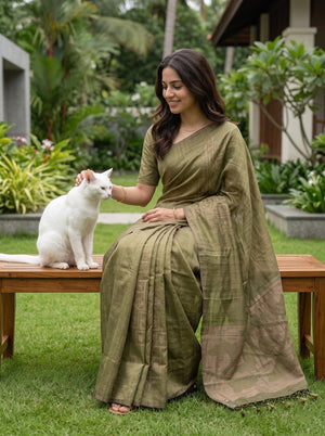 Matka Silk Olive Green Saree with Geometric Trellis and Leaf Jaal Weave
