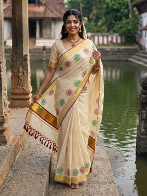 Tissue Cream Kerala Saree with Lotus Motif Print Border, Golden Zari and Maroon Border