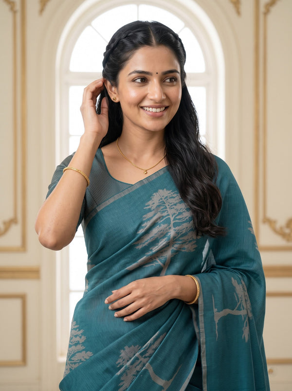 Semi Silk Teal Green Nature Print Saree with Tassels