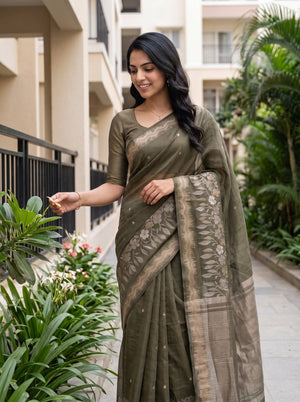 Cotton Silk Olive Green Silver Paisley Drop Motif Saree