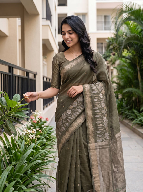 Cotton Silk Olive Green Silver Paisley Drop Motif Saree