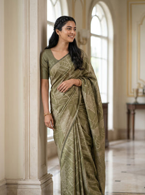 Semi Silk Olive Gold Self-Tone Geometric Print Saree with Tassels