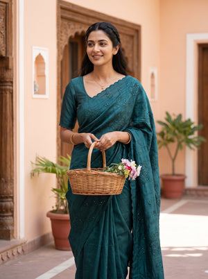 Semi Tussar Bottle Green Floral Vine Embroidered Sequin Saree with Tassel Pallu