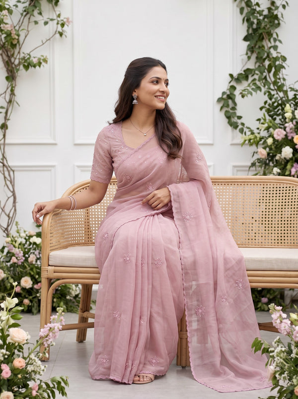 Organza Baby Pink Self Embroidered Floral Sprig Butta Sequin Bead Work Saree