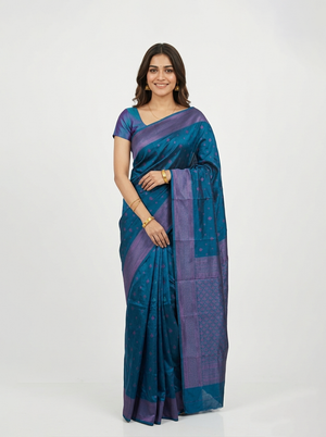 Semi Silk Peacock Blue Small Butti Saree