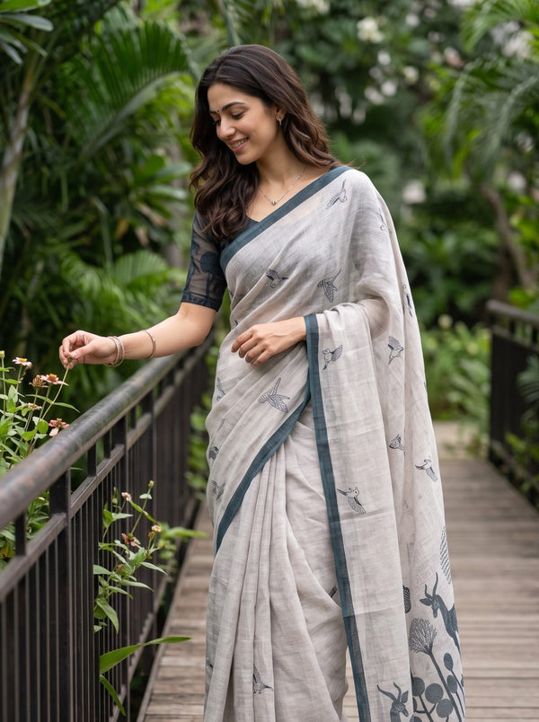 Cotton Saree in Grey with Deer & Bird Print Pallu