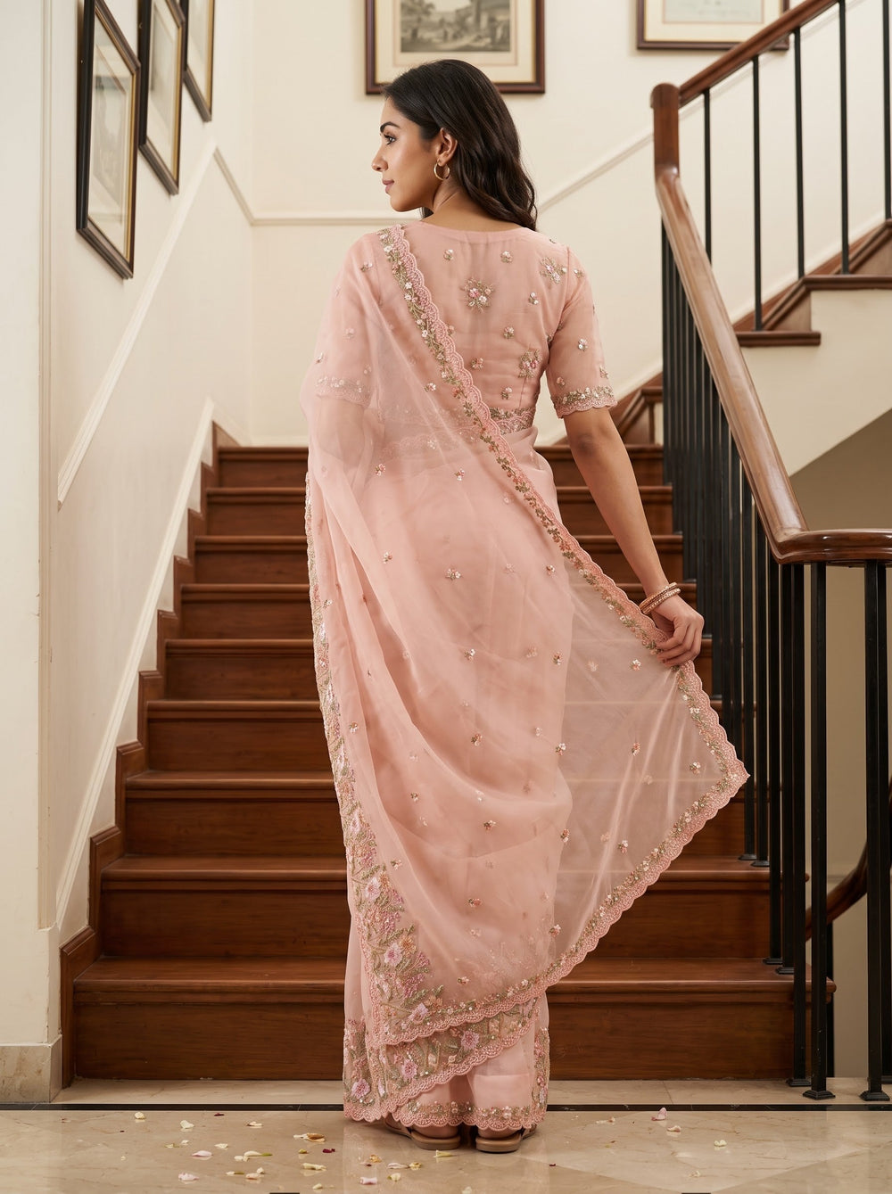 Organza Peach Floral Sequin Embroidered Saree