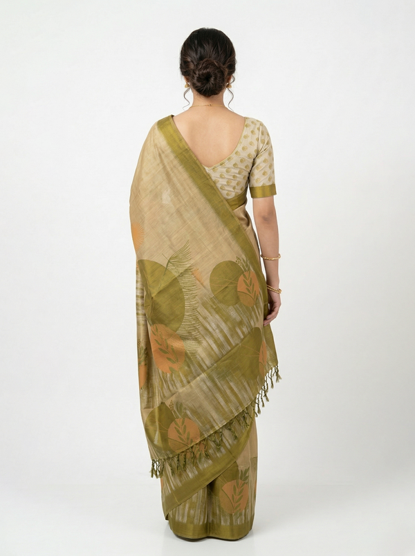 Semi Tussar Beige Olive Leaf Print Saree with Striped Woven Pallu