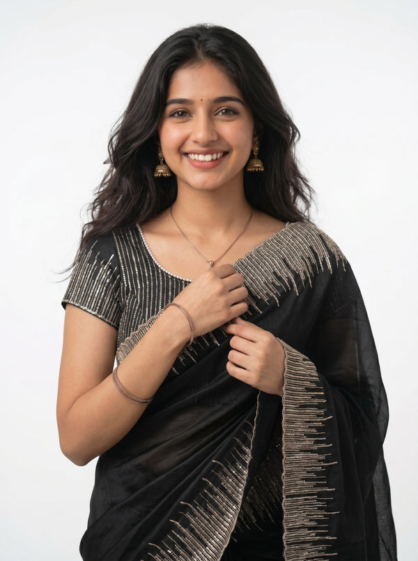 Organza Black Sequin Embellished Ombre Border Saree