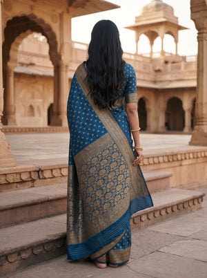 Banarasi Silk Peacock Blue Booti Print Saree with Zari Border