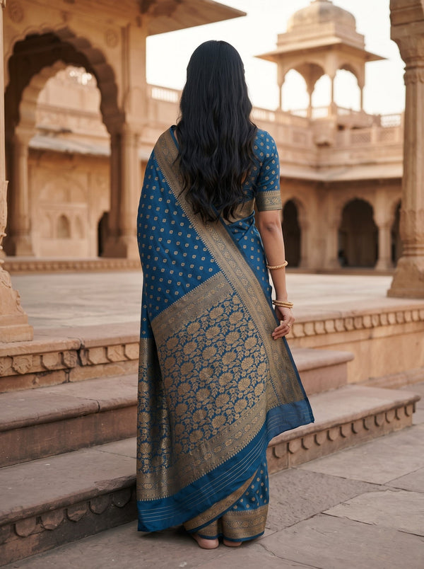 Banarasi Silk Peacock Blue Booti Print Saree with Zari Border