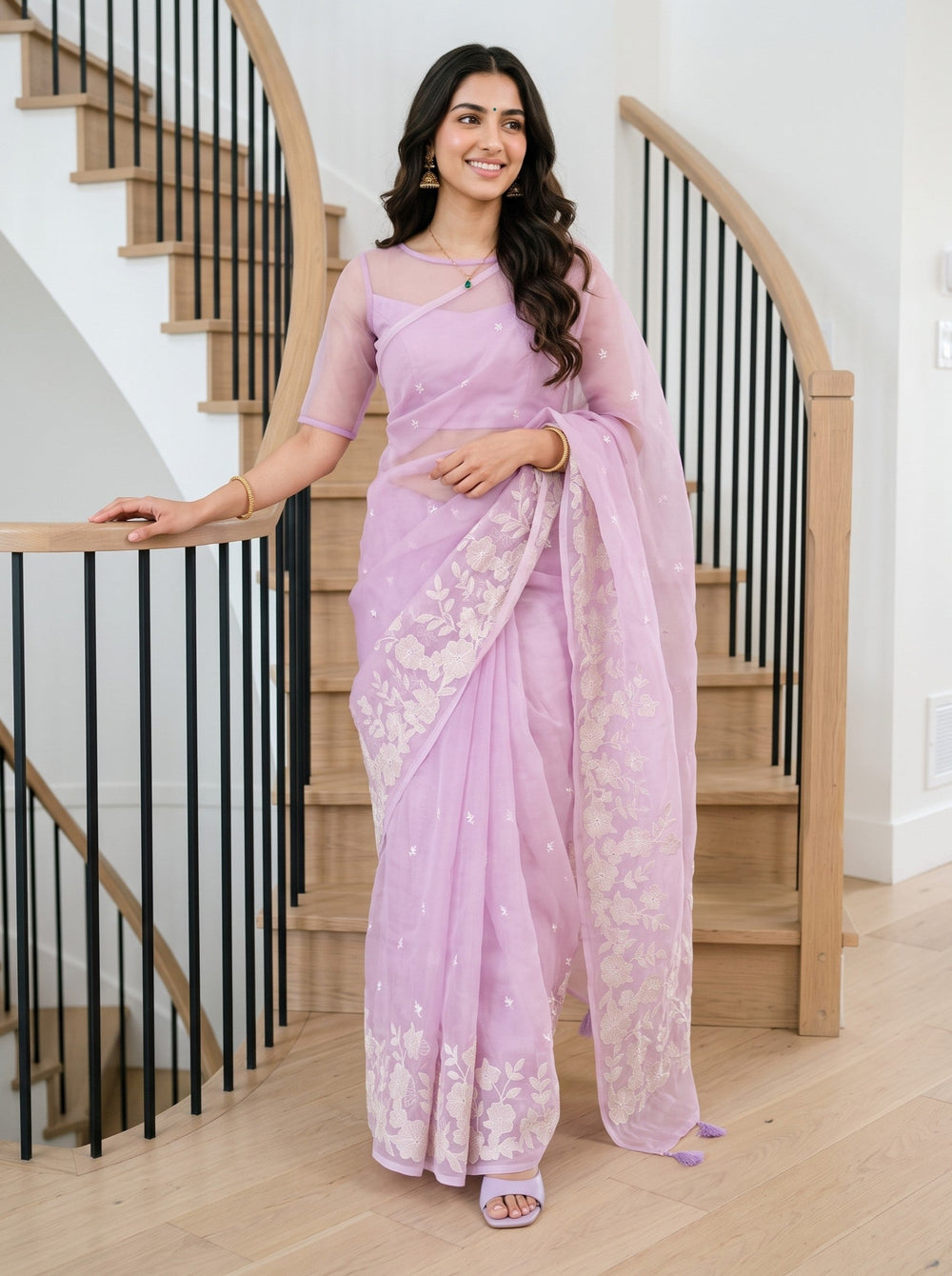 Organza Lilac Cream Floral Vine Applique Embroidered Pallu Butta Body Tassel Saree