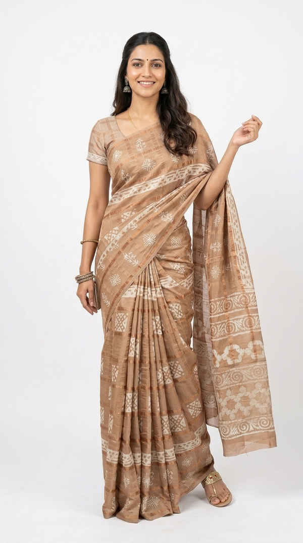 Cotton Beige Brown Abstract Printed Saree