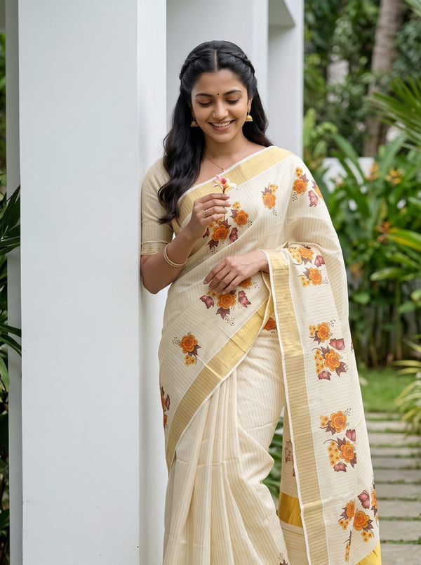 Tissue Cream Orange Floral Print Kerala Saree with Butterfly Motif
