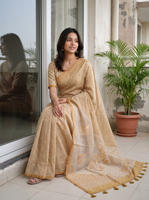 Net Kota Mustard-Tan Floral Vine Block Print Saree