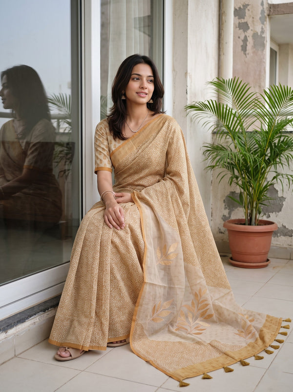 Net Kota Mustard-Tan Floral Vine Block Print Saree