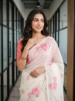 Cotton Ivory Pink Anthurium Print Saree