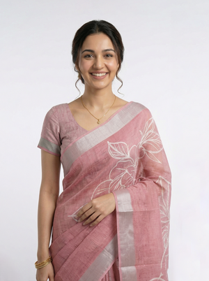 Semi Linen Dusty Pink Floral Print Saree with Silver Zari Border